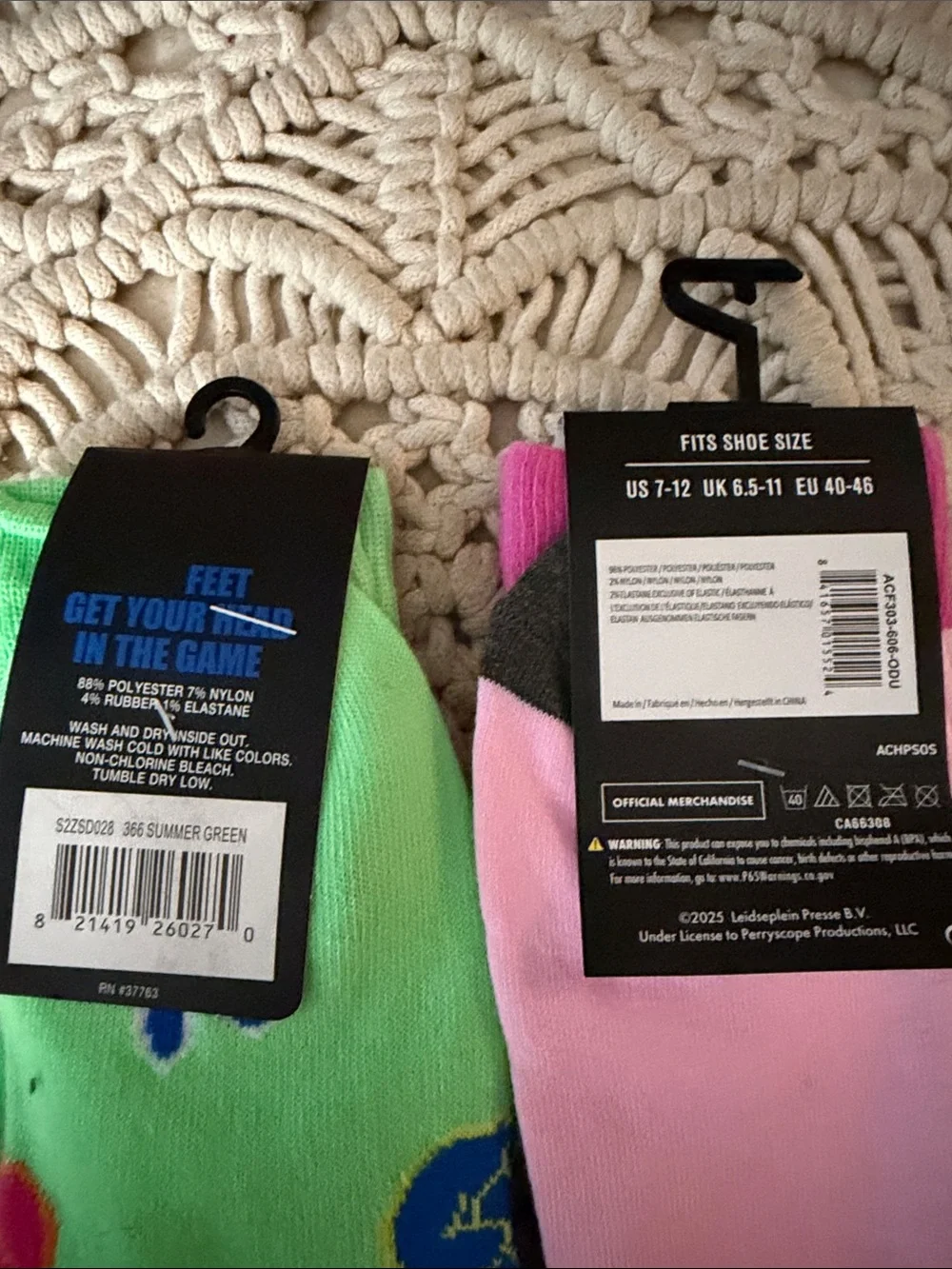 Two-Pack Crew Socks - Green Peace Sign & Pink AC/DC